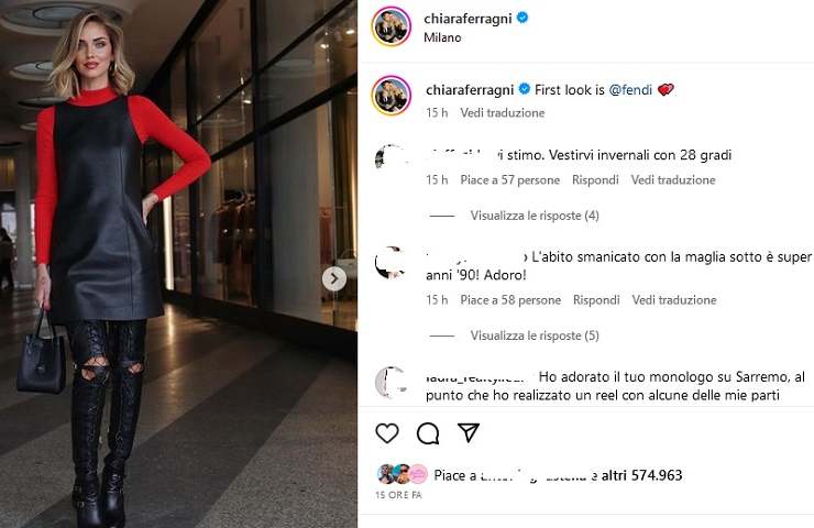 Chiara Ferragni, il look per la Fashion week di Milano (Fonte Instagram)